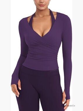Long Sleeve Wrap Top with Thumb Holes V Neck Yoga Pilates Basic Shirt
